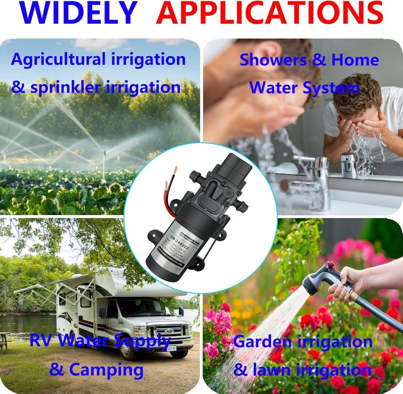nodehawk DC 12V Diaphragm Pump, Self-Priming Sprayer Pump, 1.2 GPM 87 PSI Pressure Switch Adjustable water pump, With 2 hose clamps, for RV Camping Shower Garden Irrigation - Image 4